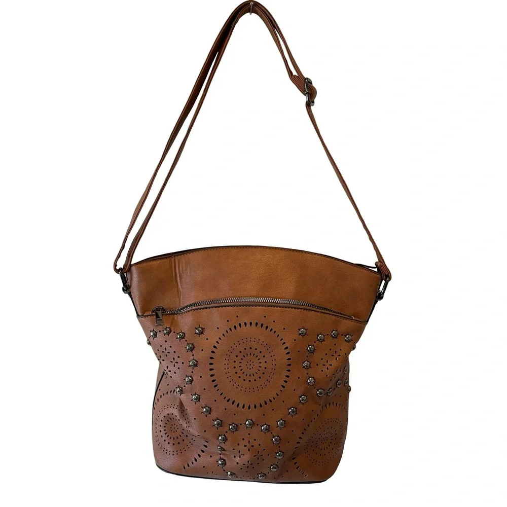 Sam & Hadley Brown Crossbody Bag with Decorative Stud and Cutout Details